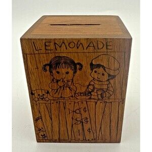 Vintage Wooden Coin Bank Box Lemonade Stand Toystalgia 1979 W/Cork Stopper 4.5”